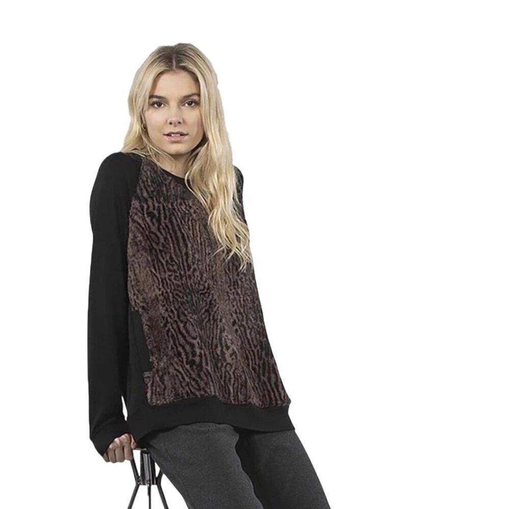 Capote NWT Shelby Faux Fur Front Panel Soft Black Sleeves Quiet Luxury Size M
